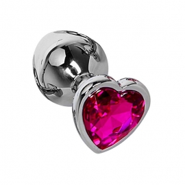 Большая металлическая анальная пробка с розовым кристаллом в виде сердца 9 см. - 4 см..