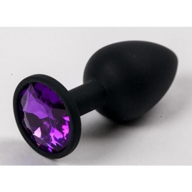 Большая анальная пробка из силикона, черная с фиолетовым кристаллом