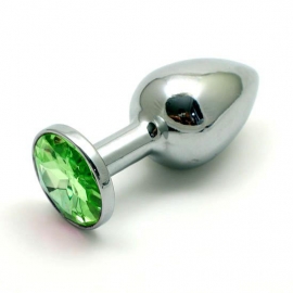 Металлическая анальная втулка СРЕДНЯЯ с кристаллом светло зеленого цвета